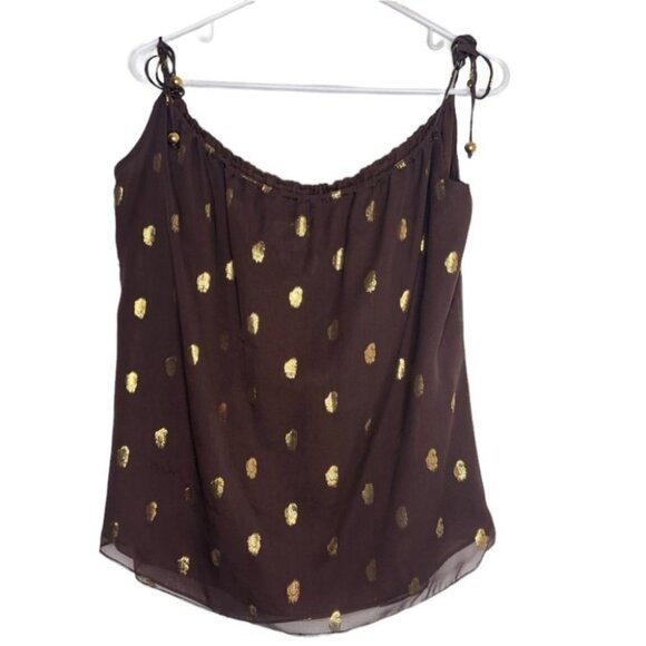 NWT Milly New York Brown silk metallic gold polka dot ruffle multi-tie tank top - Picture 3 of 16